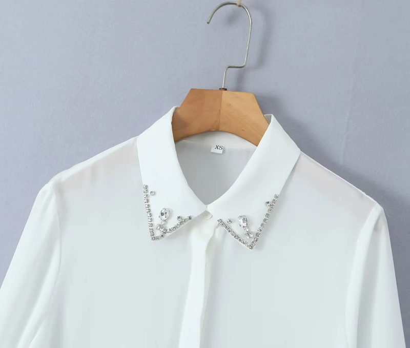Fashion White Polyester Studded Lapel Shirt,Blouses