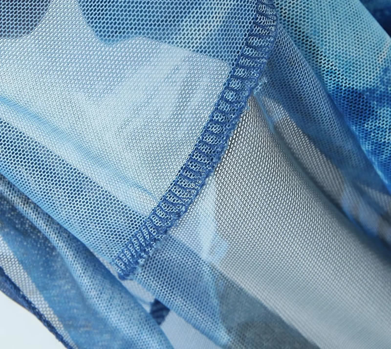 Fashion Blue Polyester Printed Mesh Suspender Skirt,Mini & Short Dresses