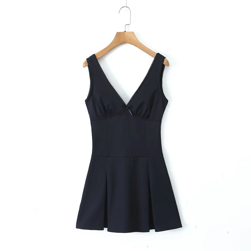Fashion Navy Blue Sleeveless V-neck Skirt,Mini & Short Dresses