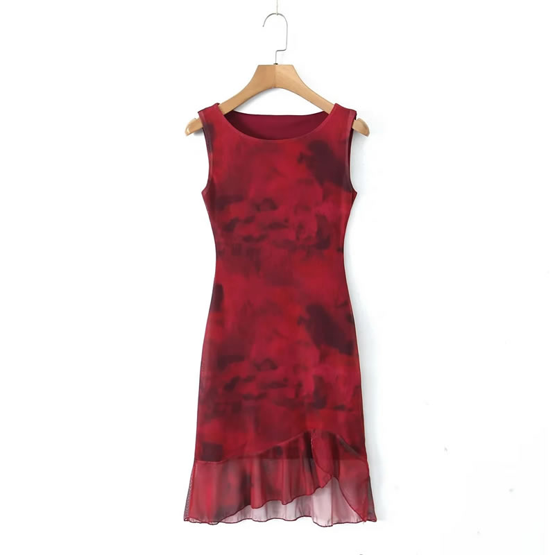 Fashion Red Polyester Tie-dye Mesh Skirt,Mini & Short Dresses