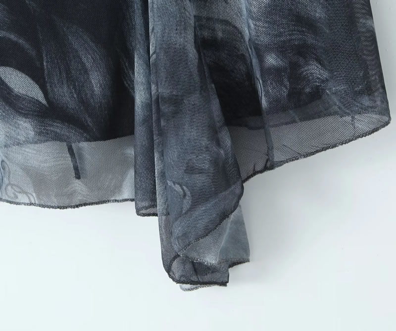 Fashion Grey Mesh Printed Suspender Skirt,Mini & Short Dresses