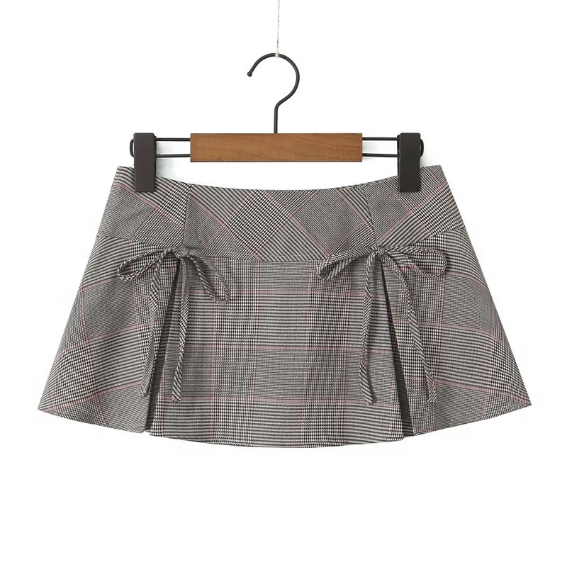 Fashion Light Brown Polyester Checked Lace-up Skirt,Skirts
