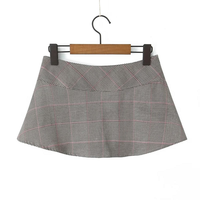 Fashion Light Brown Polyester Checked Lace-up Skirt,Skirts