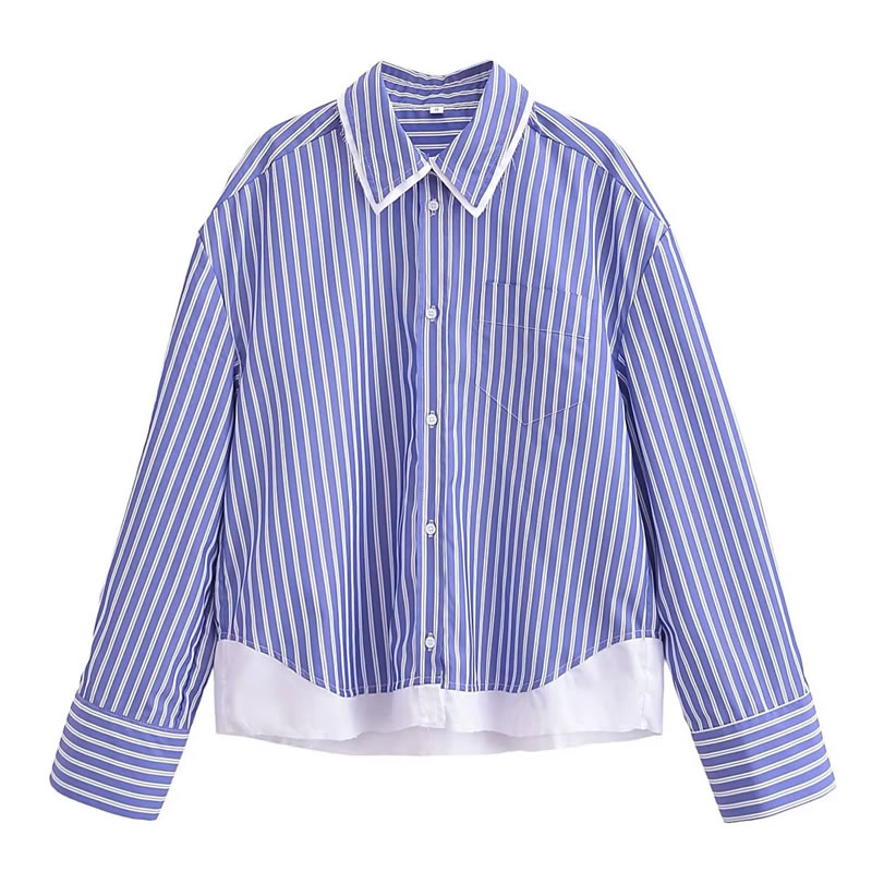 Fashion Blue Polyester Lapel Striped Lapel Button-down Shirt,Blouses