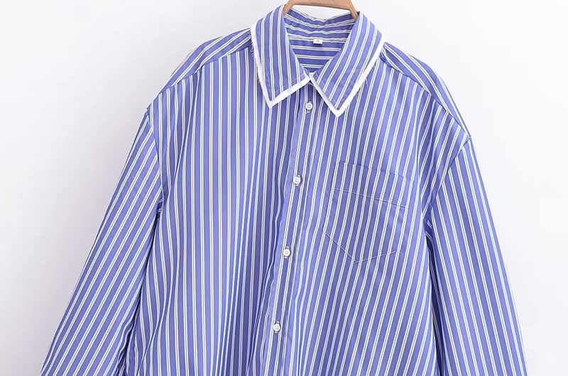 Fashion Blue Polyester Lapel Striped Lapel Button-down Shirt,Blouses