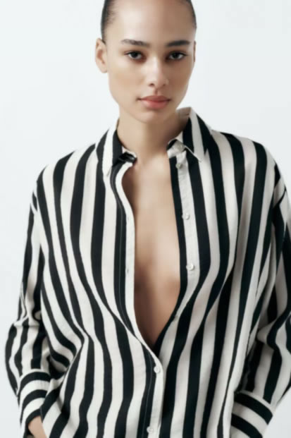 Fashion Black And White Polyester Lapel Striped Button-down Shirt,Blouses