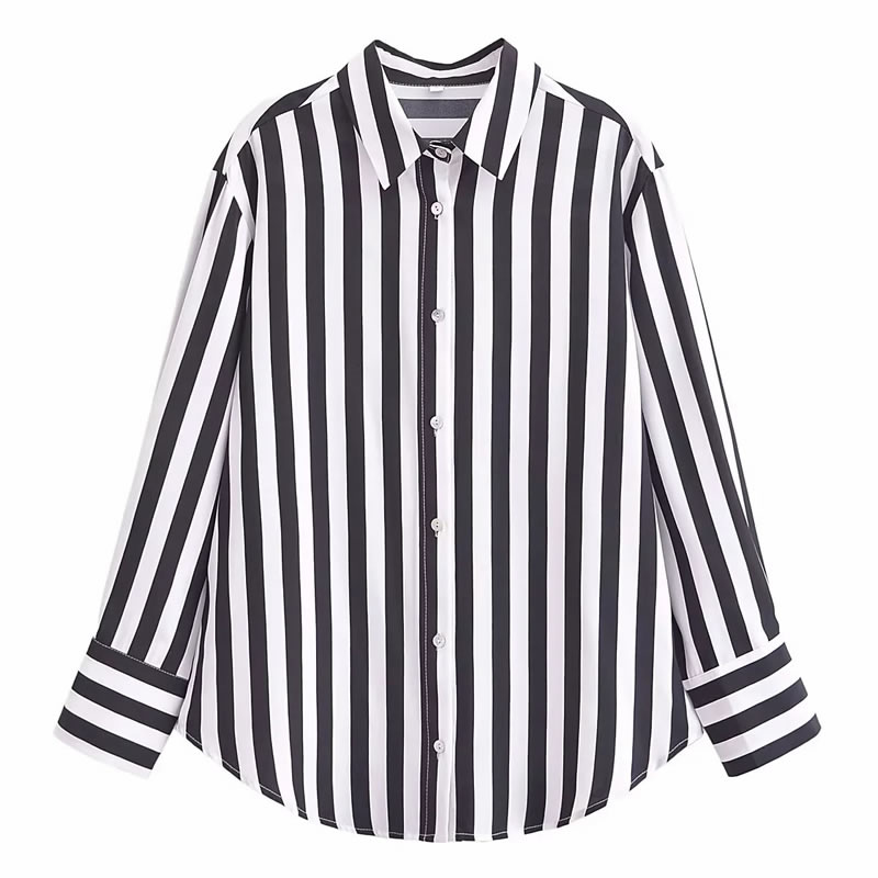 Fashion Black And White Polyester Lapel Striped Button-down Shirt,Blouses