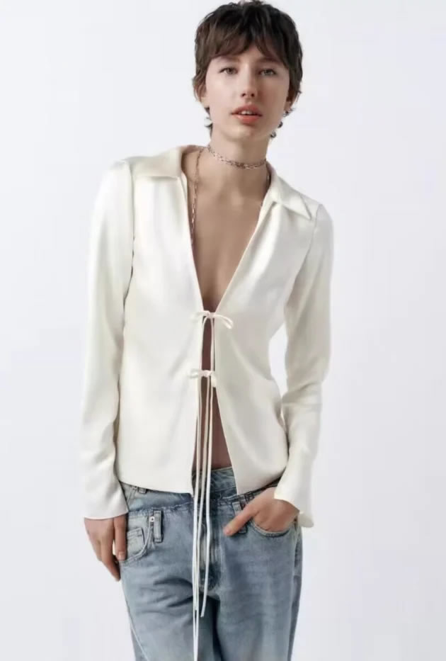 Fashion Off White Polyester Lapel Lace-up Shirt,Blouses