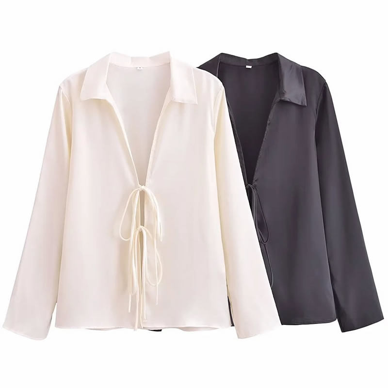 Fashion Off White Polyester Lapel Lace-up Shirt,Blouses
