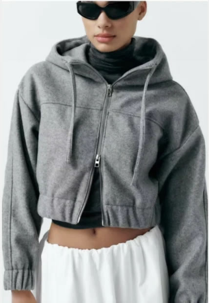 Fashion Grey Polyester Zip Hooded Jacket,Hoodies
