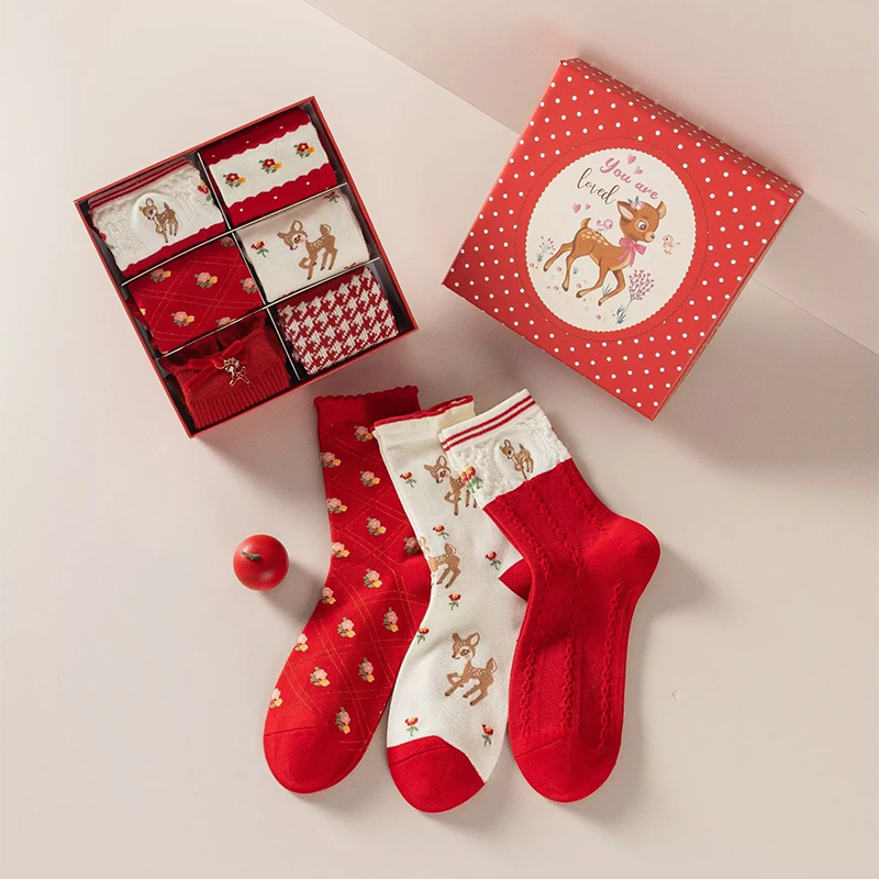 Fashion Red Cotton Printed Mid-calf Socks Set Of Six Pairs In Gift Box,Fashion Socks