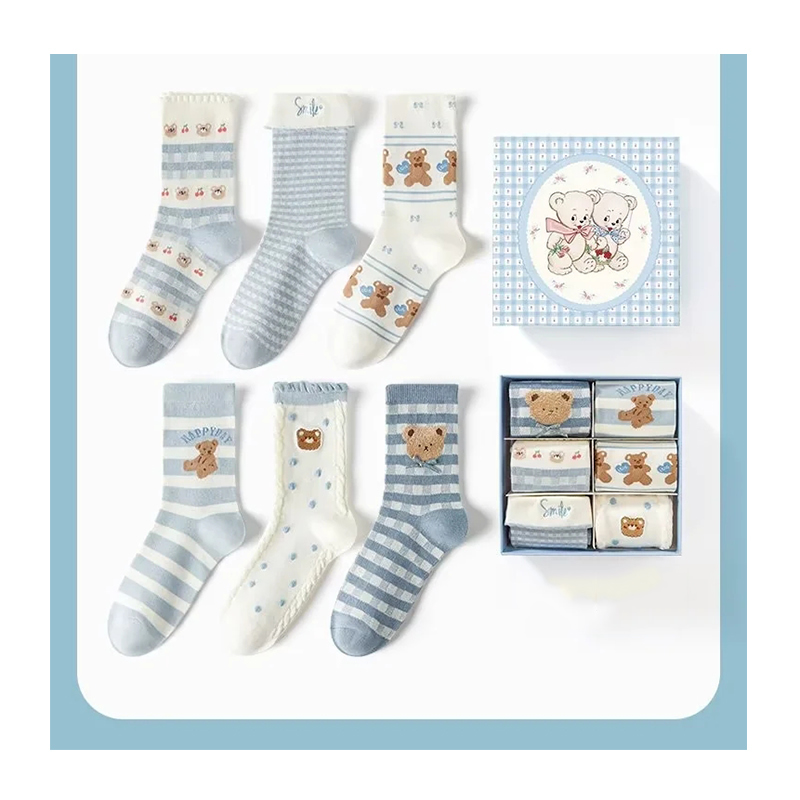 Fashion Blue Cotton Printed Mid-calf Socks Set Of Six Pairs In Gift Box,Fashion Socks
