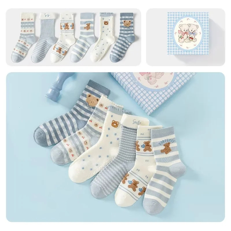 Fashion Blue Cotton Printed Mid-calf Socks Set Of Six Pairs In Gift Box,Fashion Socks