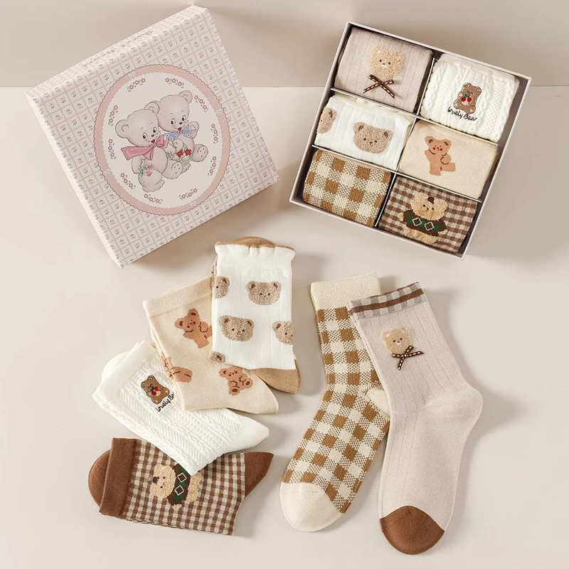 Fashion Brown Cotton Printed Mid-calf Socks Set Of Six Pairs In Gift Box,Fashion Socks