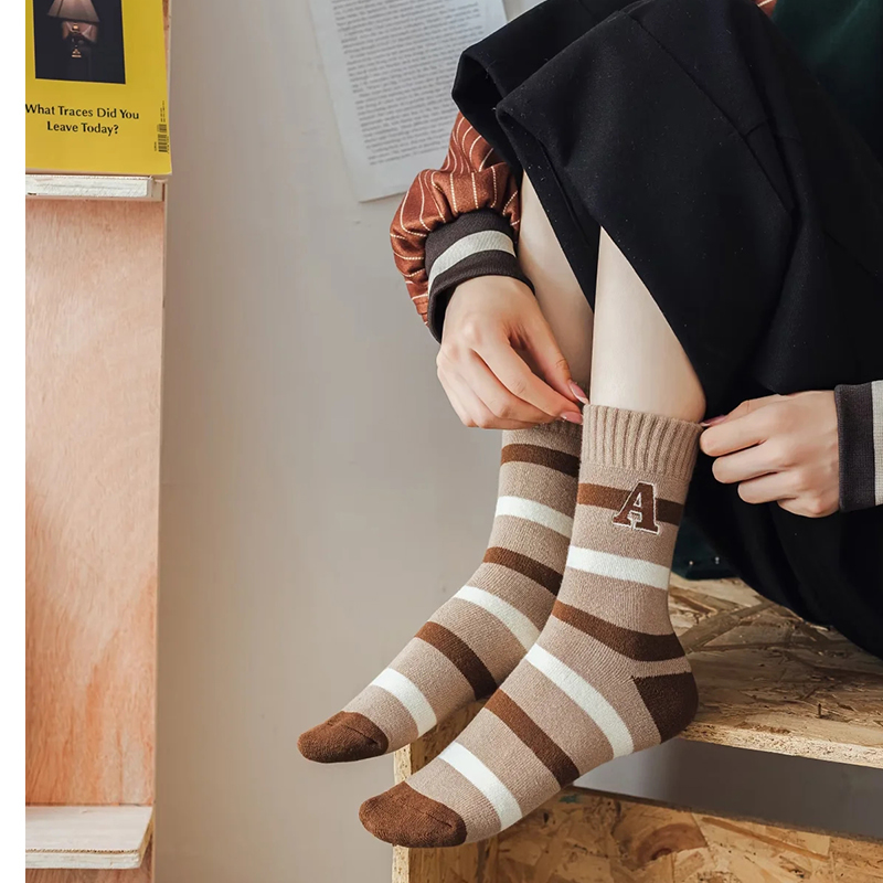 Fashion Brown Cotton Letter Stripe Mid-calf Socks Set,Fashion Socks