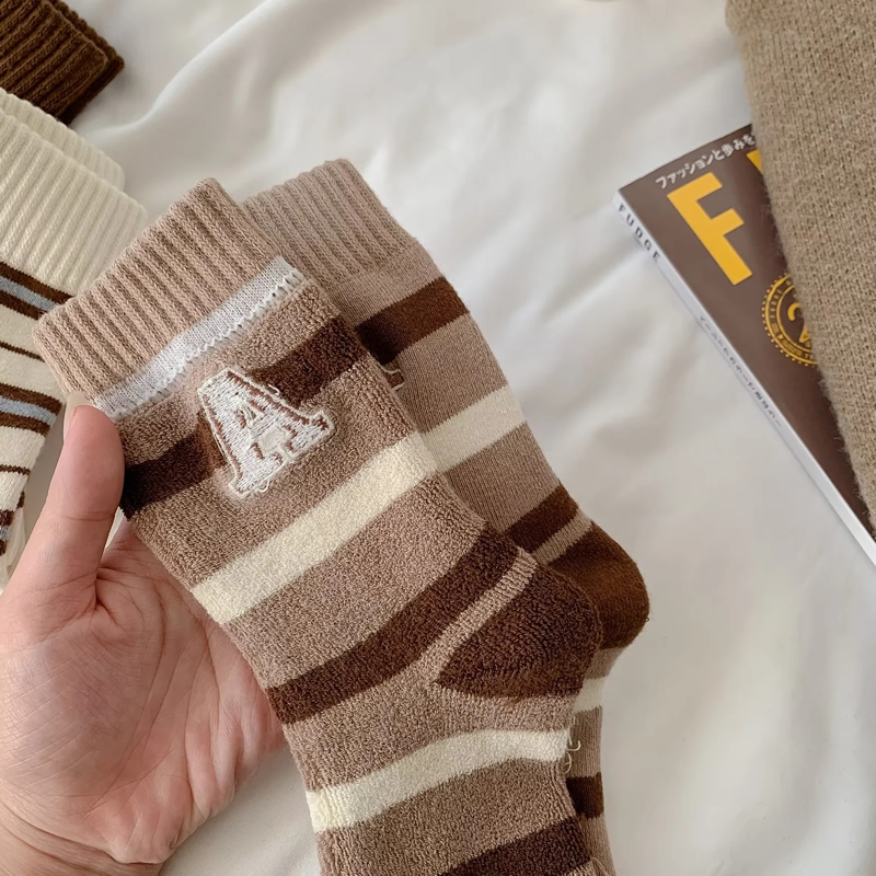 Fashion Brown Cotton Letter Stripe Mid-calf Socks Set,Fashion Socks