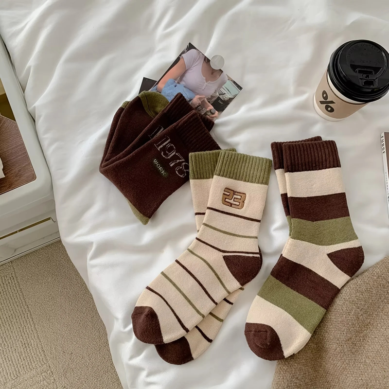 Fashion Color Cotton Number Stripe Mid-calf Socks Set,Fashion Socks