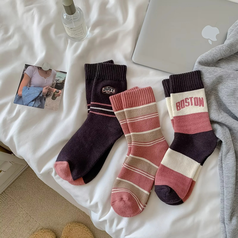 Fashion Color Cotton Letter Stripe Mid-calf Socks Set,Fashion Socks