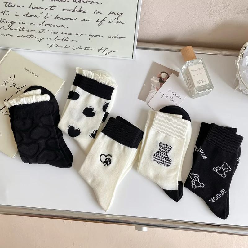 Fashion Black And White Cotton Printed Mid-calf Socks Set,Fashion Socks