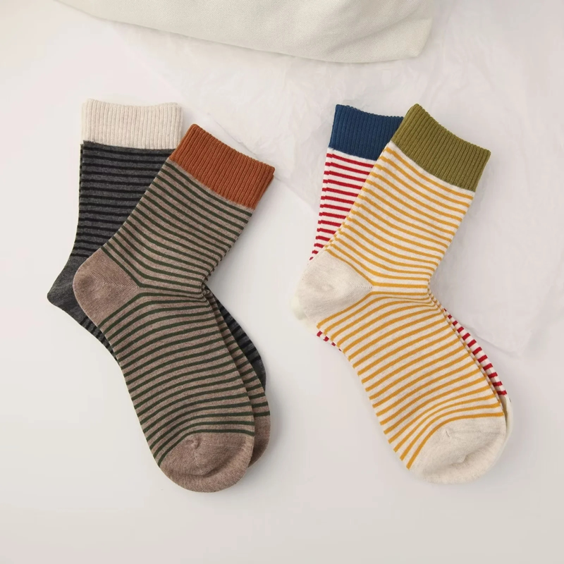 Fashion Oatmeal Dark Gray Contrast Striped Mid-calf Socks,Fashion Socks