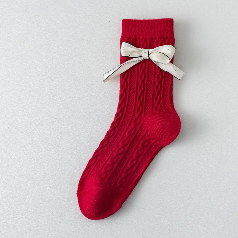 Fashion Red And White Cotton Braided Three-dimensional Cherry Bow Mid-calf Socks Set,Fashion Socks