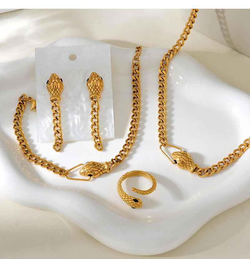 Fashion Black Titanium Steel Inlaid With Zirconium Snake Pendant Necklace Earrings Bracelet Ring 5-piece Set,Jewelry Set