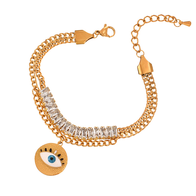 Fashion Gold Double Layer Titanium Steel Inlaid With Zirconium Oil Drop Eye Pendant Bracelet,Bracelets