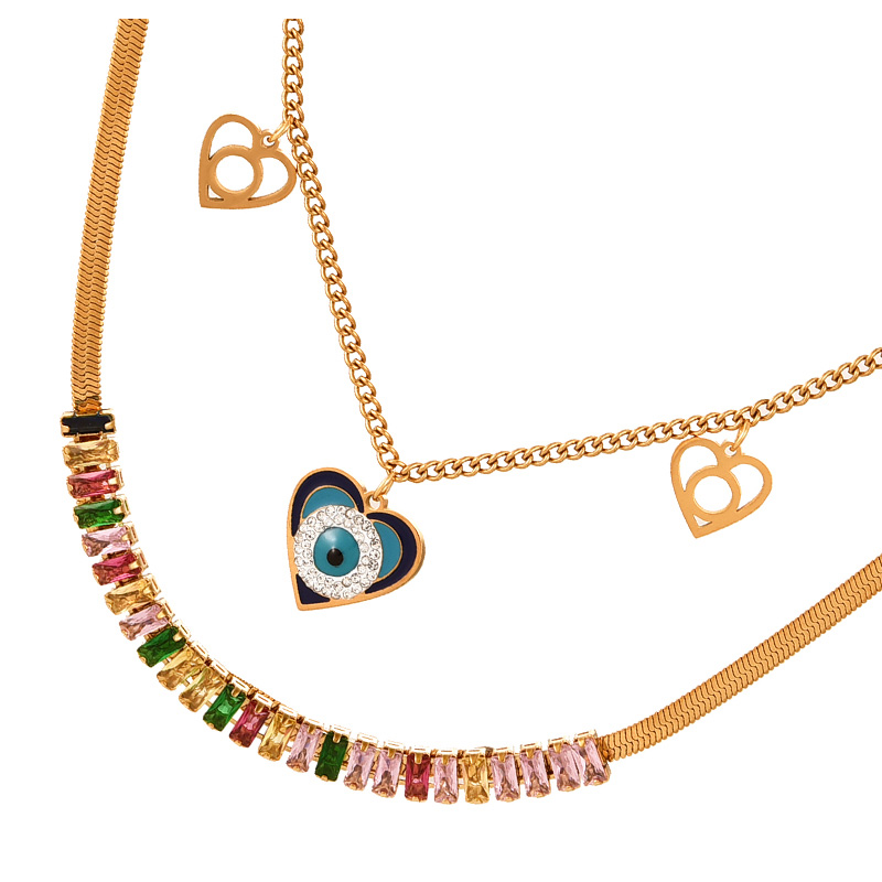 Fashion Color Double Layer Titanium Steel Inlaid With Zirconium Oil Drop Love Eyes Pendant Necklace,Necklaces