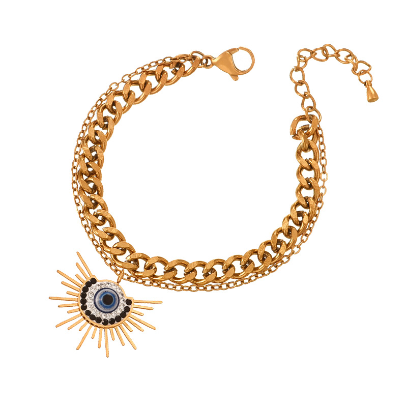 Fashion Gold Double Layer Titanium Steel Inlaid With Zirconium Geometric Eye Pendant Thick Chain Bracelet,Bracelets