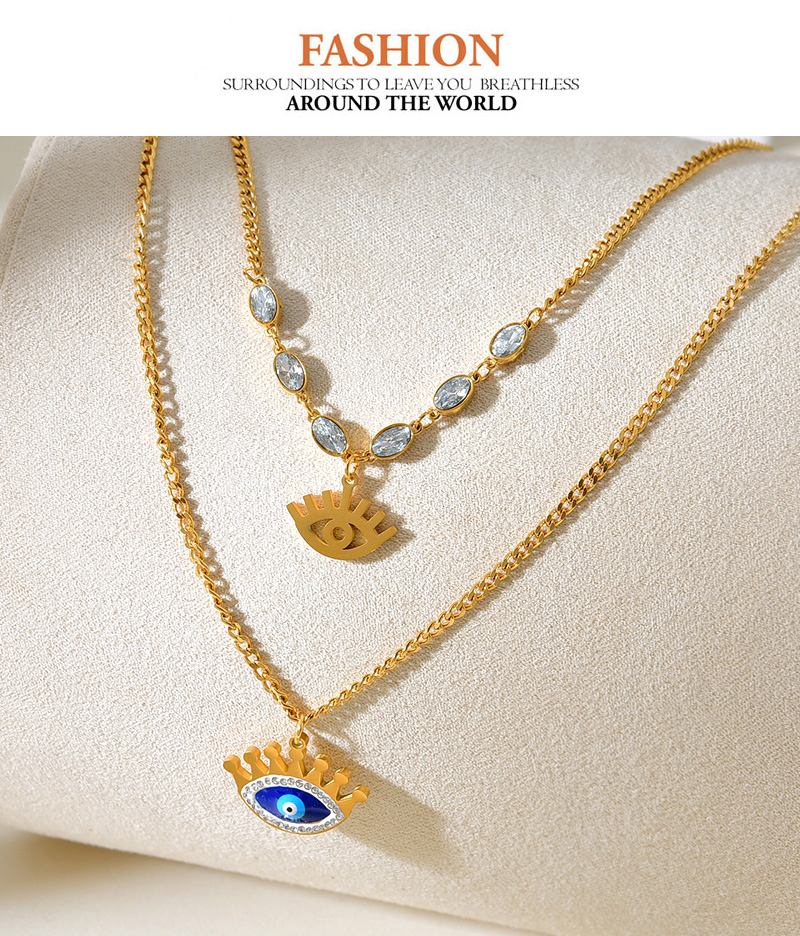 Fashion Gold Double Layer Titanium Steel Inlaid With Zirconium Oil Drop Eye Pendant Necklace,Necklaces