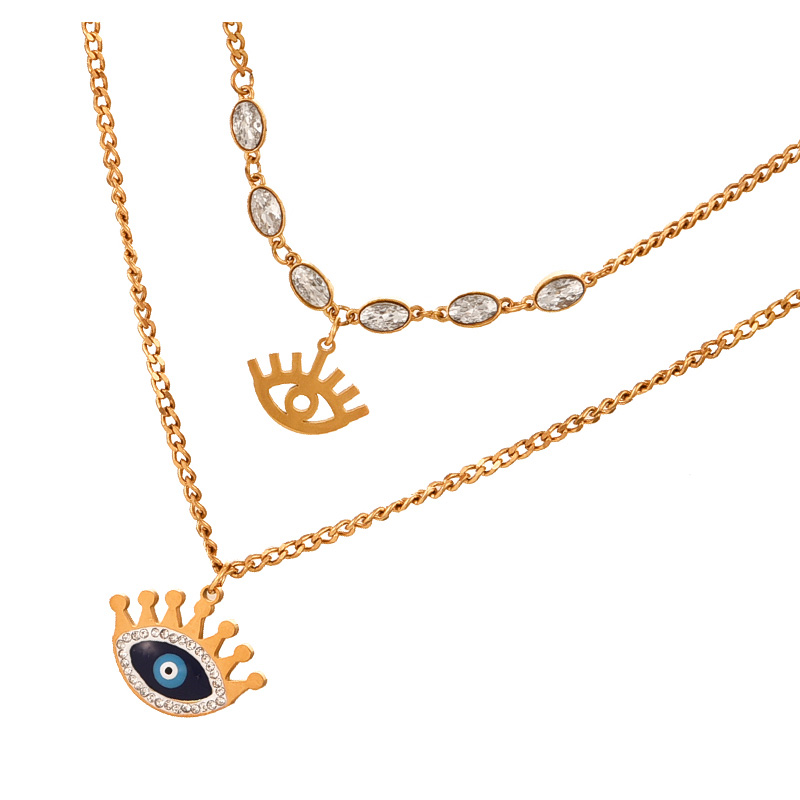 Fashion Gold Double Layer Titanium Steel Inlaid With Zirconium Oil Drop Eye Pendant Necklace,Necklaces