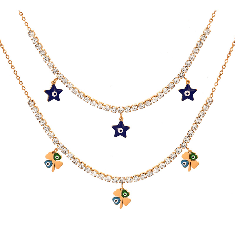 Fashion Navy Blue Titanium Steel Inlaid With Zirconium Oil Drop Pentagram Eye Pendant Necklace,Necklaces