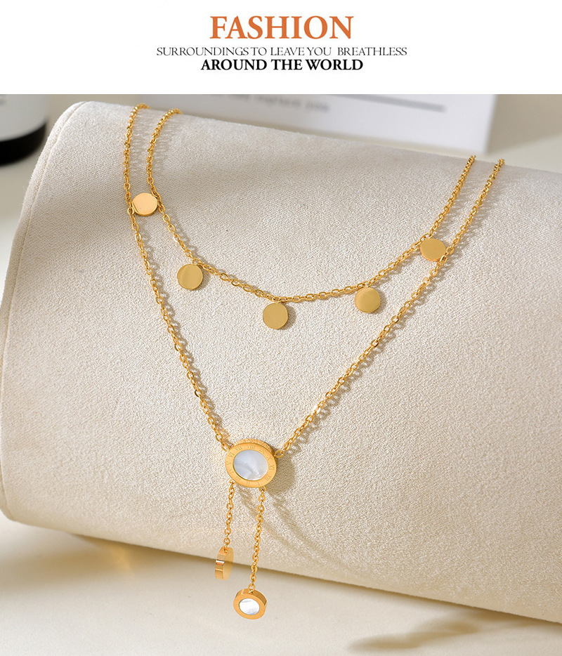 Fashion Gold Double-layer Titanium Steel Shell Round Scale Pendant Tassel Necklace,Necklaces