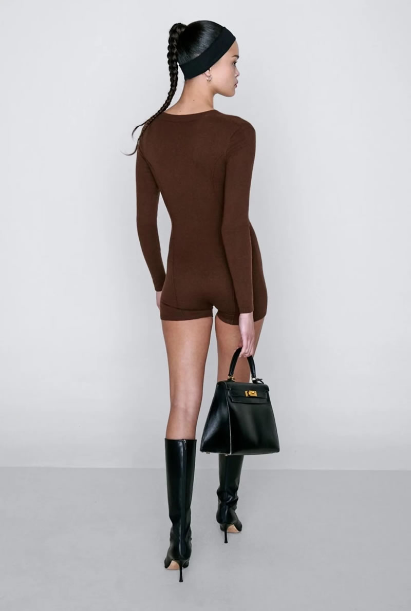 Fashion Brown Knitted Zipper Jumpsuit,Unitards