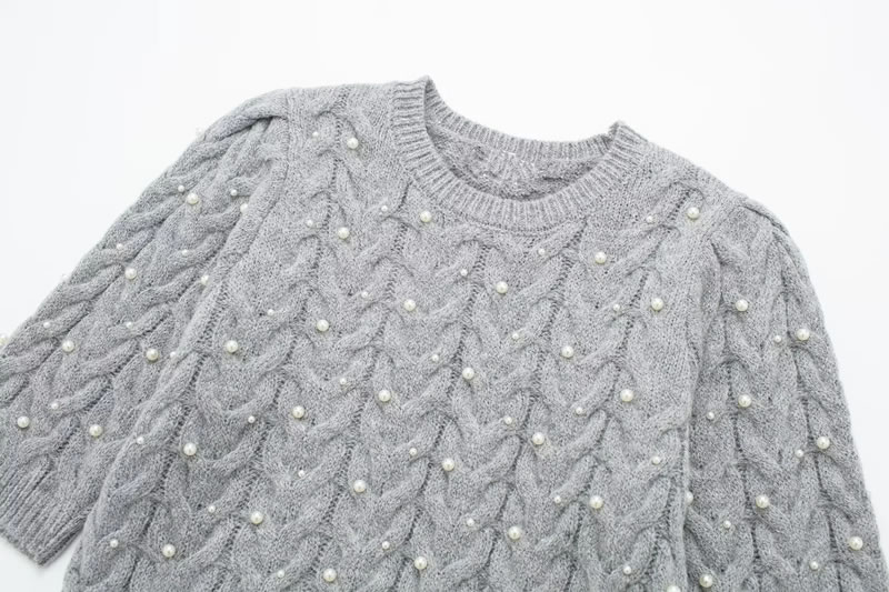 Fashion Grey Faux Pearl Embellished Knitted Crew Neck Sweater,Sweater