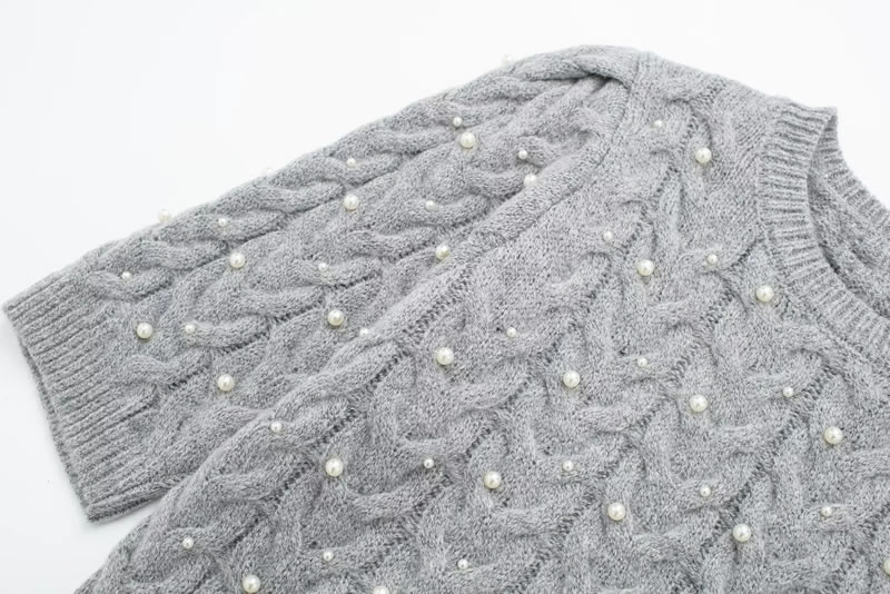 Fashion Grey Faux Pearl Embellished Knitted Crew Neck Sweater,Sweater
