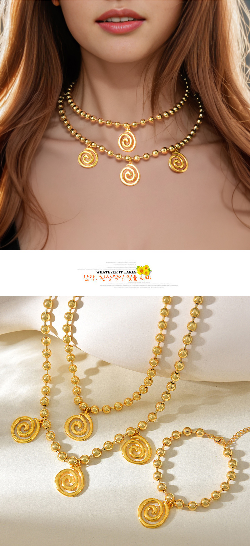 Fashion Golden 3 Copper Spiral Pattern Pendant Bead Bracelet (6mm),Necklaces