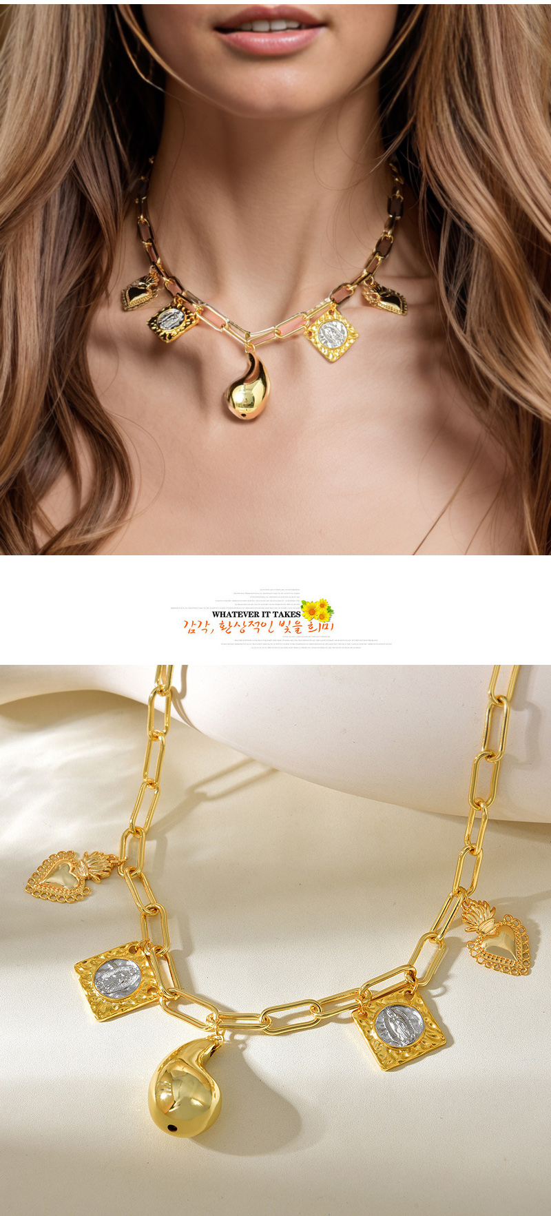 Fashion Gold Copper Water Drop Square Portrait Love Pendant Thick Chain Necklace,Necklaces