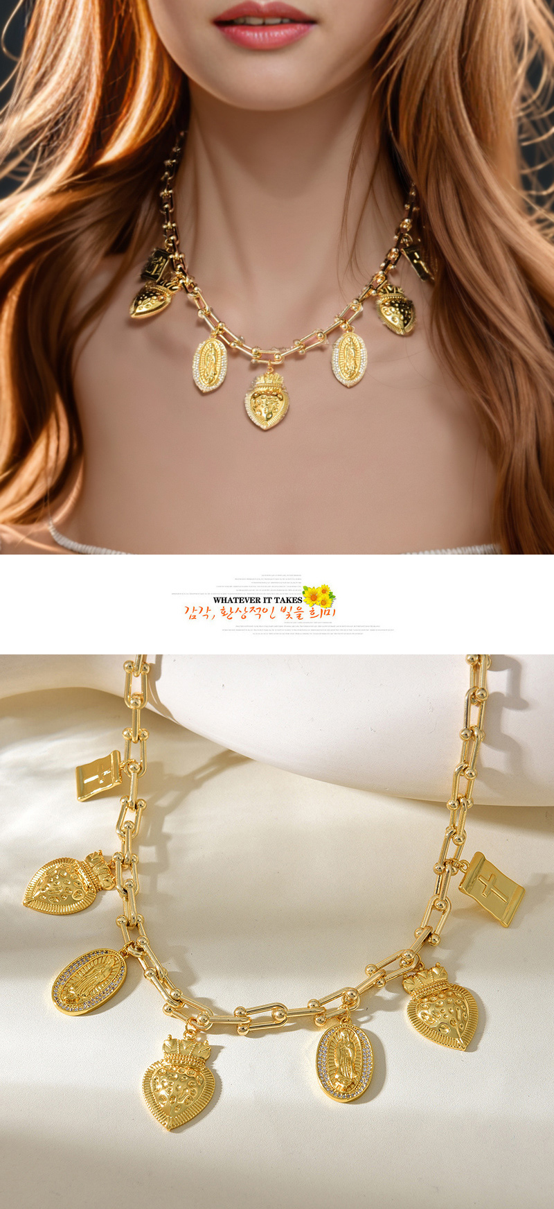 Fashion Gold Copper Inlaid Zircon Irregular Love Oval Portrait Pendant Thick Chain Necklace,Necklaces