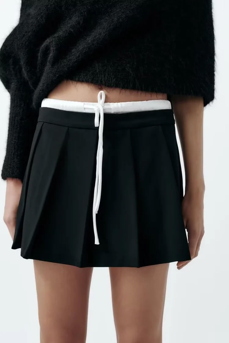 Fashion Black Blend Lace-up Pleated Shorts,Shorts