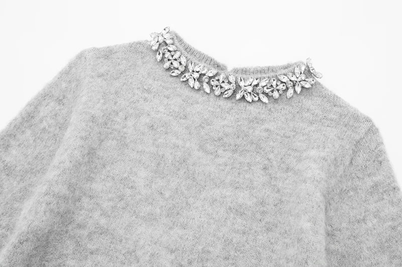 Fashion Grey Jewel-embellished Knitted Sweater,Sweater