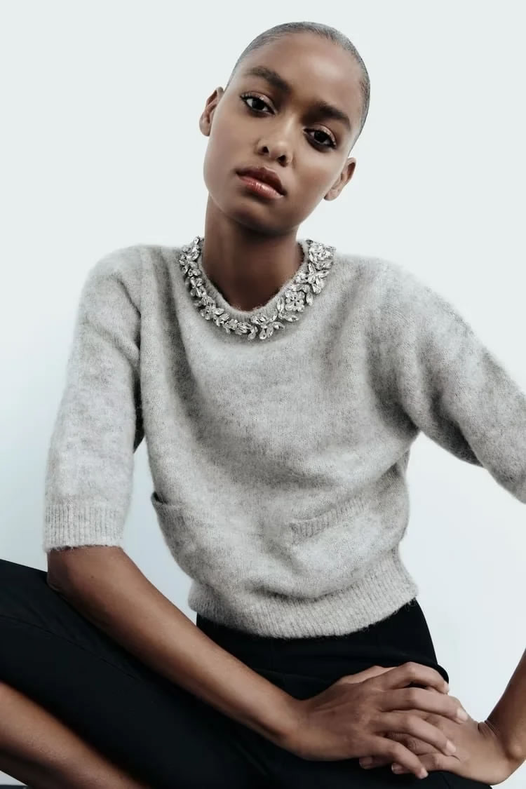 Fashion Grey Jewel-embellished Knitted Sweater,Sweater