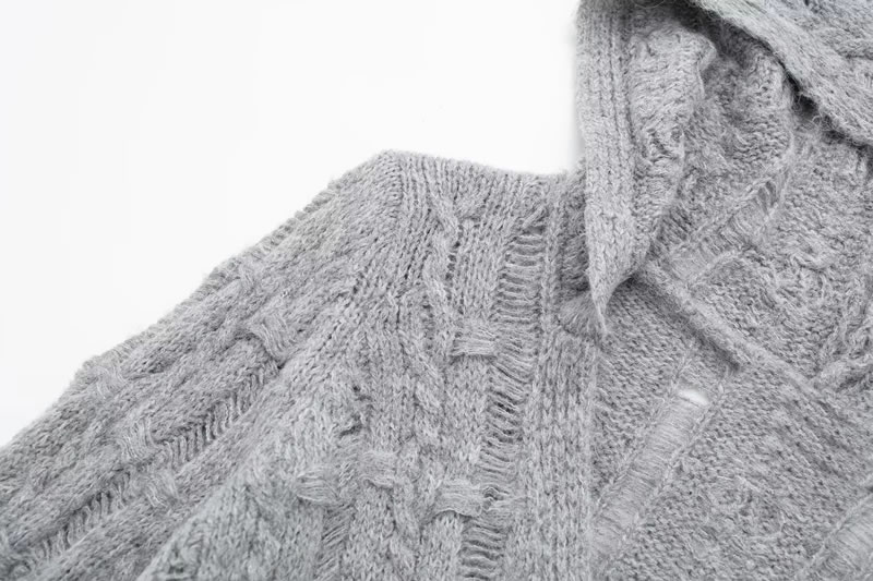 Fashion Grey Hooded Asymmetrical Knitted Sweater,Sweater