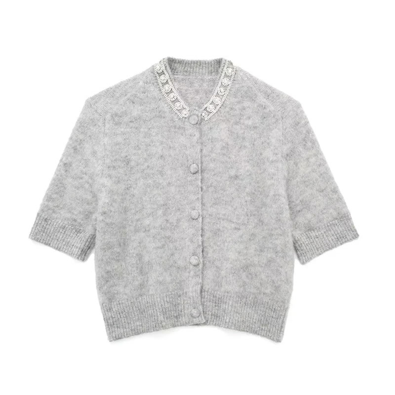 Fashion Grey Jeweled Knitted Buttoned Sweater Jacket,Sweater