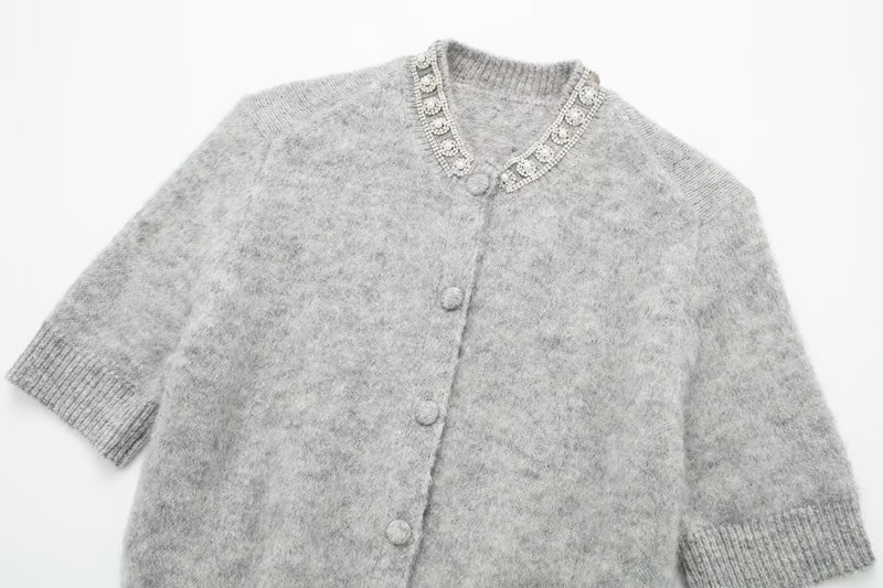 Fashion Grey Jeweled Knitted Buttoned Sweater Jacket,Sweater