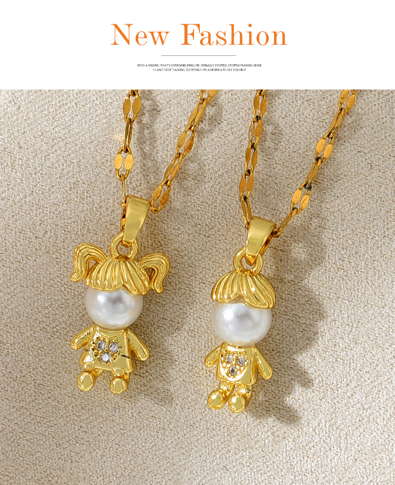 Fashion Golden 2 Titanium Steel Inlaid Zirconium Pearl Girls Pendant Necklace,Necklaces