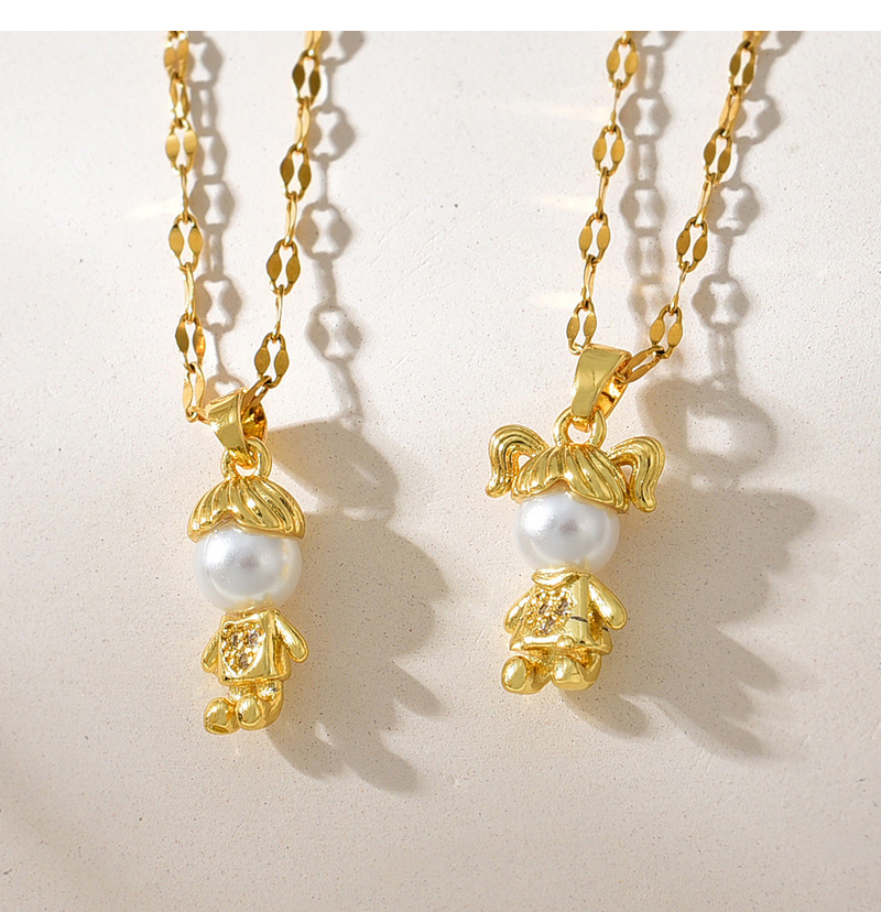 Fashion Golden 2 Titanium Steel Inlaid Zirconium Pearl Girls Pendant Necklace,Necklaces