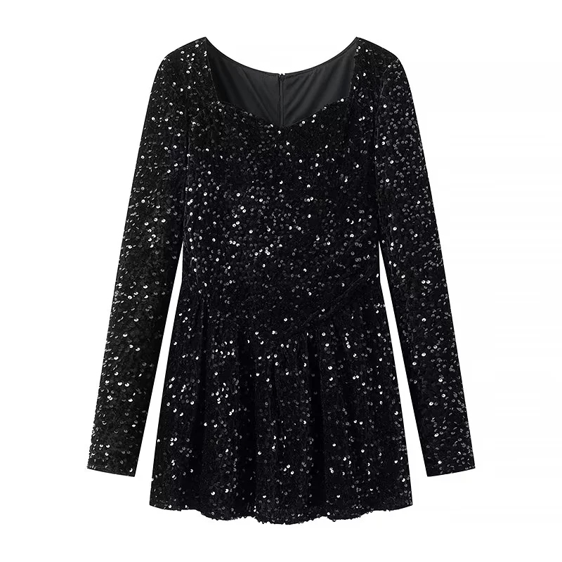 Fashion Black Sequin Long Sleeve Evening Dress Short Skirt,Prom Dresses