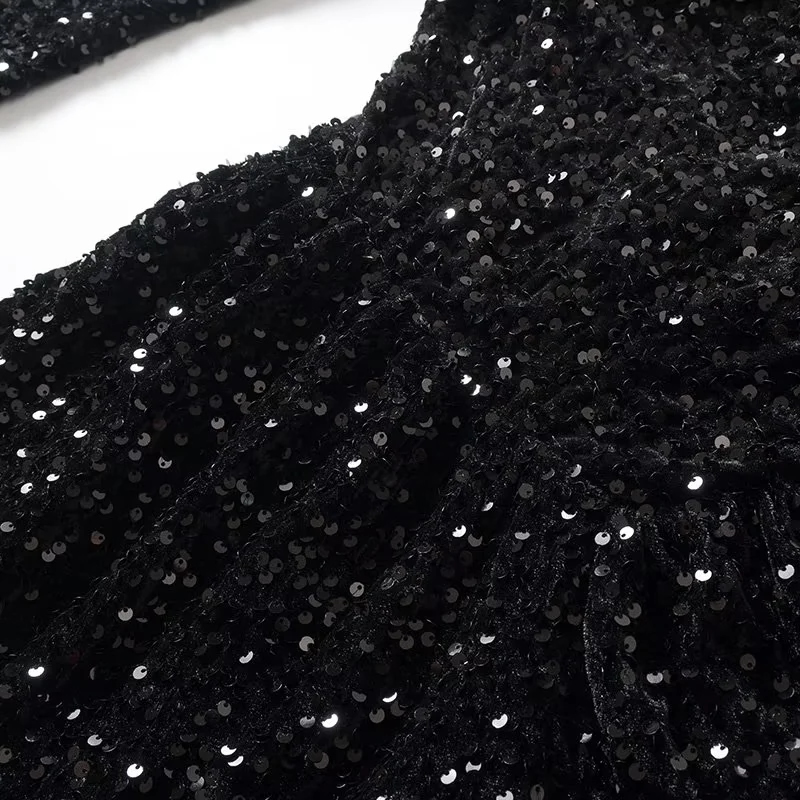 Fashion Black Sequin Long Sleeve Evening Dress Short Skirt,Prom Dresses