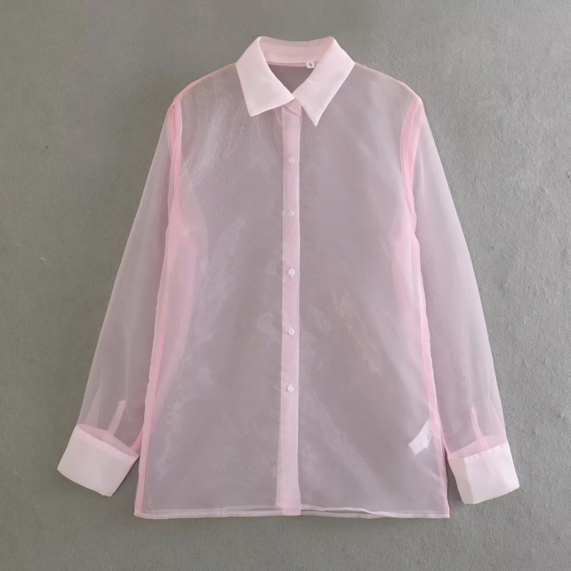 Fashion Pink Mesh Lapel Button-down Shirt,Blouses